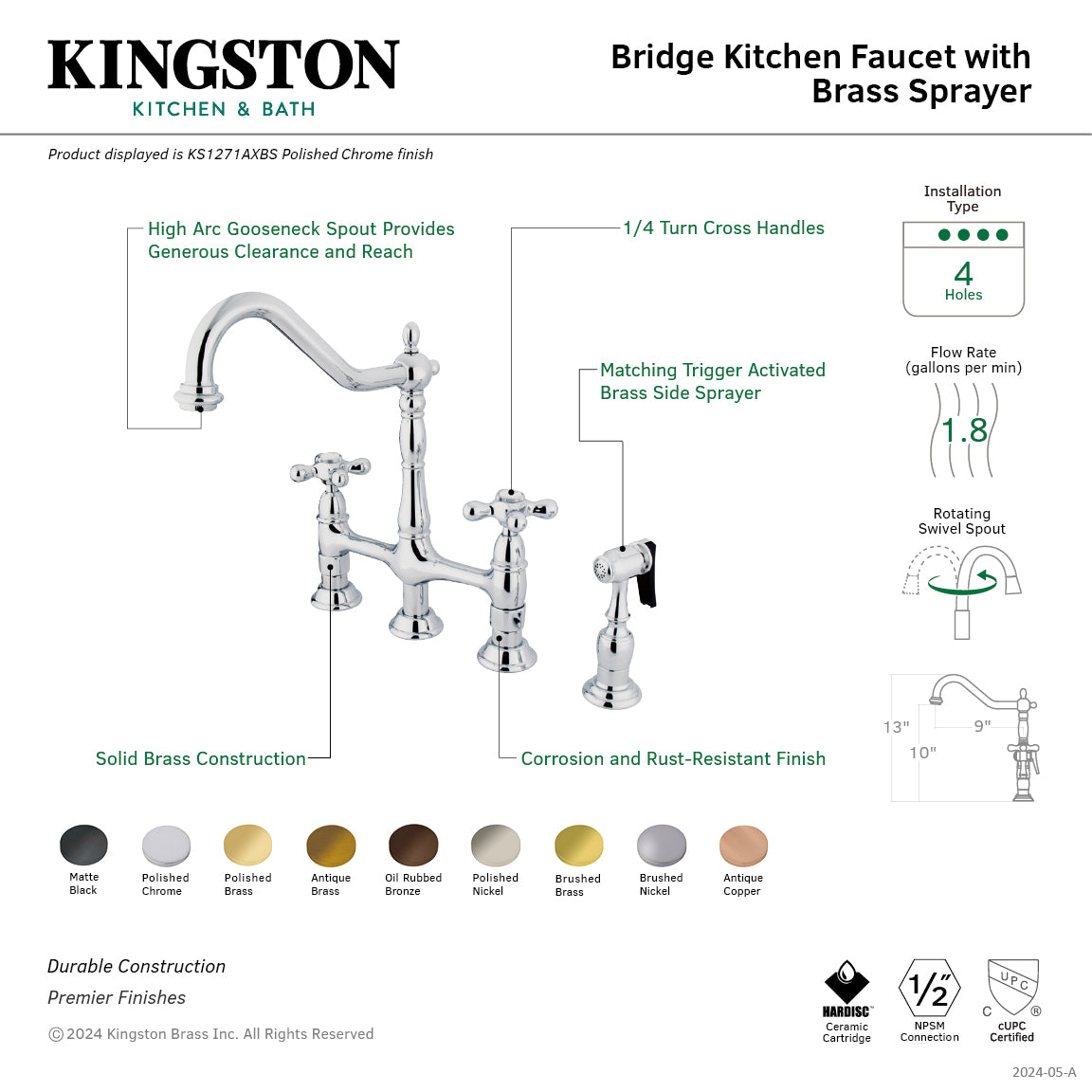Kingston Heirloom KS1272AXBS - Heritage Two-Handle 4-Hole Deck Mount Bridge Kitchen Faucet with Brass Sprayer, Polished Brass — thumbnail 2